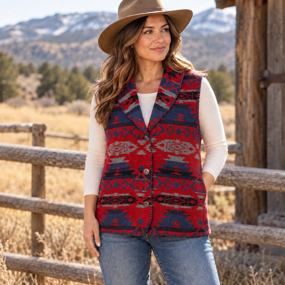 VTG Rhonda Stark Womens Southwestern Blanket Vest L Wool Blend Western Made USA
